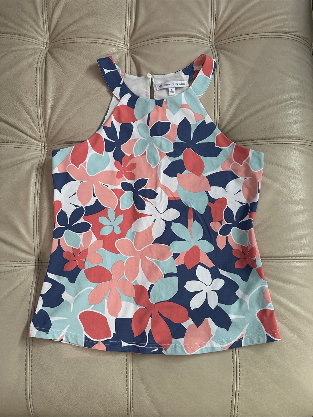 Southern Tide  Floral Halter Tank in Coral, Navy & Aqua
